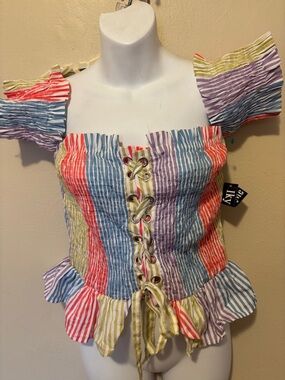 Multicolor Striped Lace-Up Peplum Crop Top